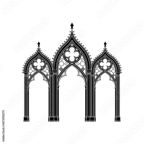 Black Gothic architectural archway with quatrefoil tracery and pinnacles architecture black and white