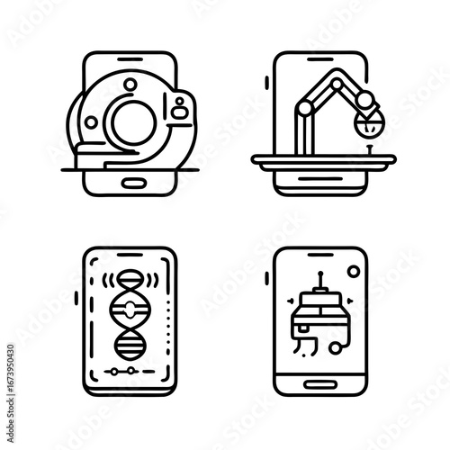Minimalist Black and White Icon Set of Mobile Tech and Biotechnology with Medical Imaging Robotic Arm Dna Analysis Lab Robot