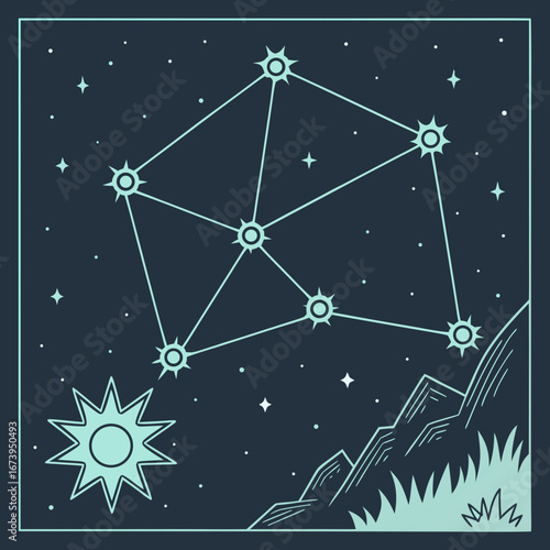 Stylized constellation over mountains under a starry night sky