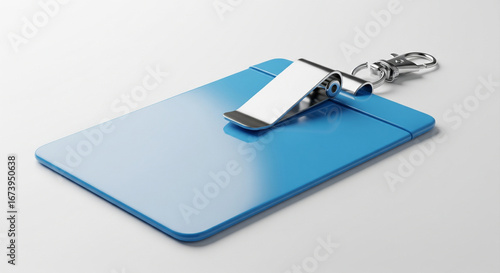 Blue identity card holder with a metal clip and lobster clasp on a white surface creates a corporate look
