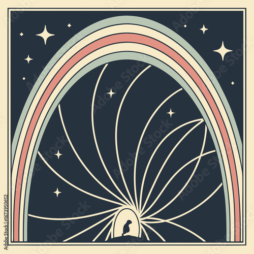 Stylized rainbow arch over a silhouette under a starry sky