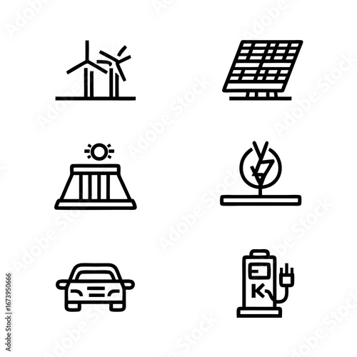 Minimal Black and White Icon Set Depicting Renewable Energy Elements Wind Solar Hydro and Electric Mobility Concepts