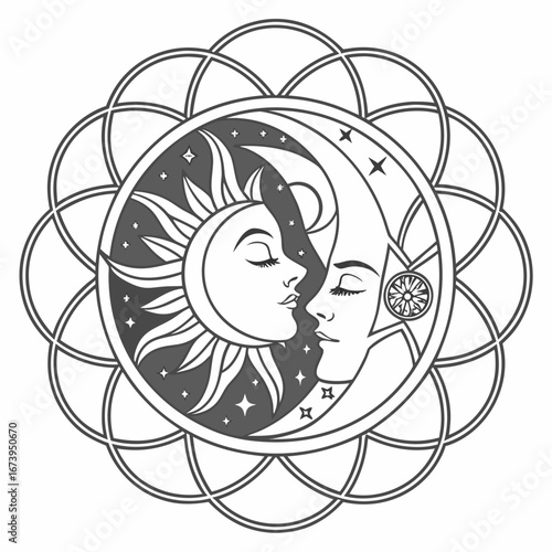 Sun and moon embrace with celestial mandala design