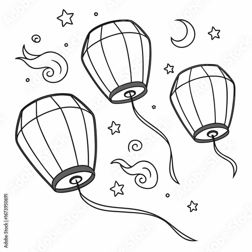 Three lanterns floating in the night sky with stars and moon