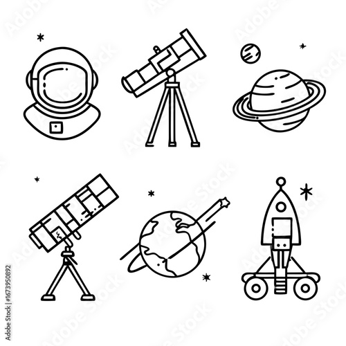 Minimal Black and White Line Icons of Space Exploration Including Astronaut Helmet Telescope Planets Satellite Globe and Rover