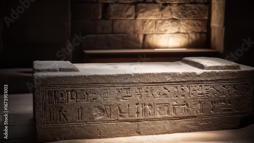 Ancient Tomb in Shadow: An aged stone sarcophagus rests in the heart of an ancient tomb, intricately carved with mysterious hieroglyphs, basking in the dim, mysterious glow.