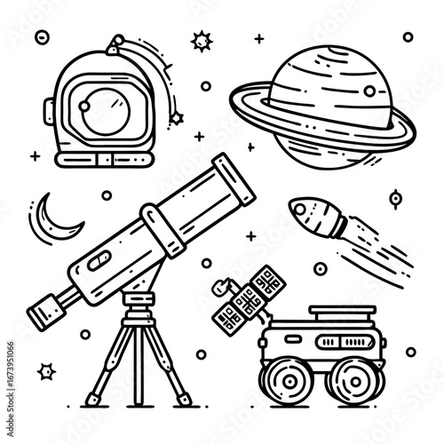 Minimal Black and White Space Exploration Doodle Set Featuring Telescope Astronaut Helmet Saturn Planet Rocket Rover and Satellites