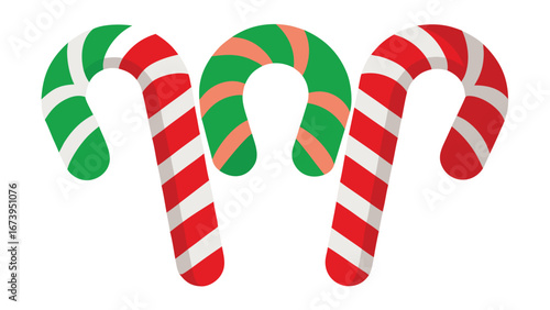 Three Candy Canes with Red Green and White Stripes on White