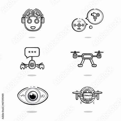 Minimal Blackandwhite Line Icon Set Depicting Robotics, Drones, Cameras, and Communication Devices for Tech and Ai Projects