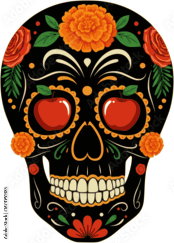 Day of the Dead: A captivating illustration of a decorated sugar skull, adorned with elaborate floral details, holding two apples.
