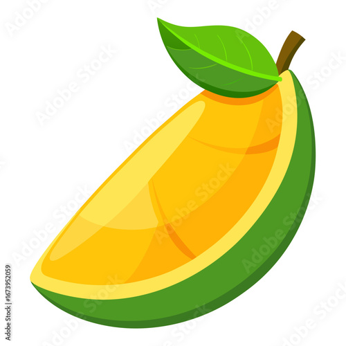 Fresh, juicy mango slice with vibrant colors and a healthy leaf, perfect for food blogs, recipes, and tropical themes; ideal for summer and wellness content, ready for your design projects