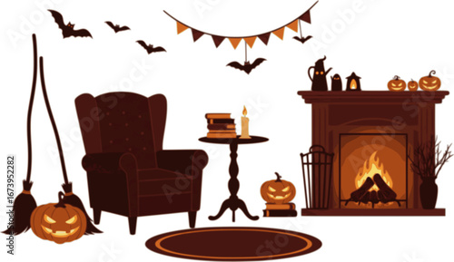 Halloween Living Room: A cozy armchair sits beside a fireplace adorned with books and a flickering candle. Pumpkins and brooms evoke the spirit of Halloween in this scene