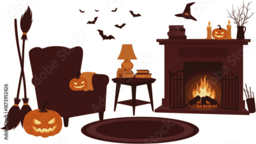 Halloween Living Room: A cozy armchair sits beside a fireplace adorned with books and a flickering candle. Pumpkins and brooms evoke the spirit of Halloween in this scene