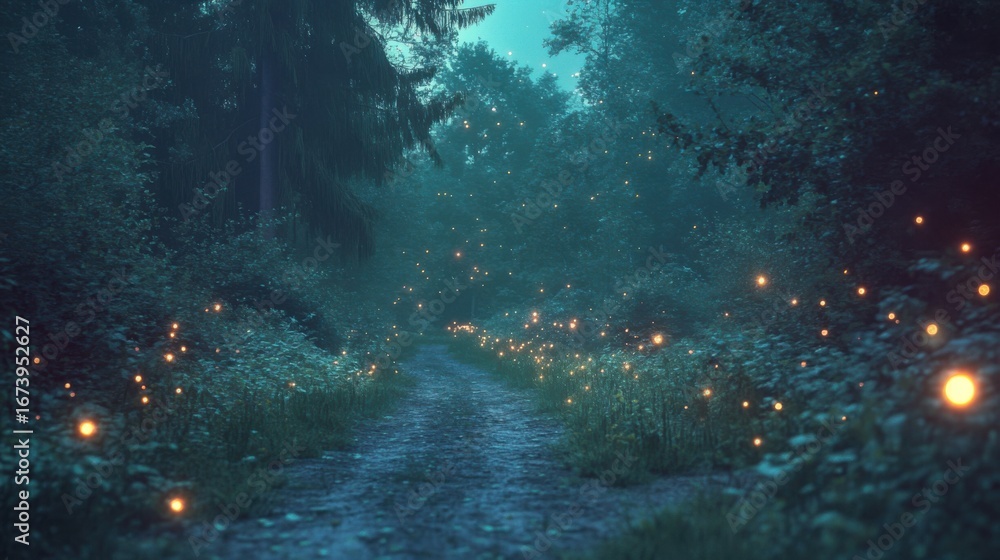 Obraz premium Forest scene with fireflies and ambient light effects.