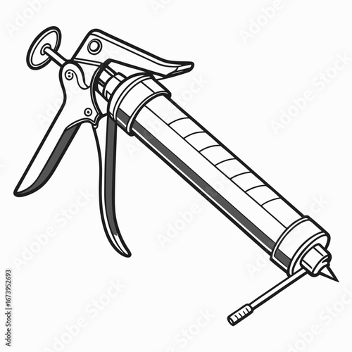 Illustration of a caulk gun, a tool used for applying sealant or adhesive, featuring a trigger, plunger, and nozzle