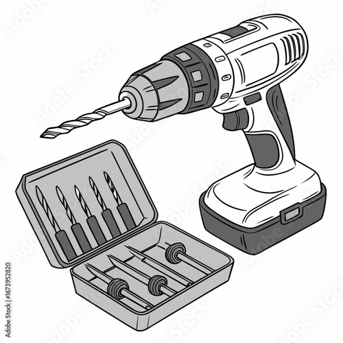 Illustration of a cordless drill with drill bits, a versatile tool for various construction and repair tasks