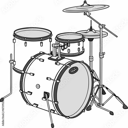 Illustration of a complete drum set, a versatile instrument for rock, jazz, and various musical genres
