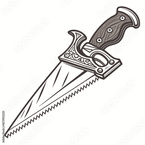 Illustration of a vintage hand saw, a tool used for cutting wood in carpentry and construction