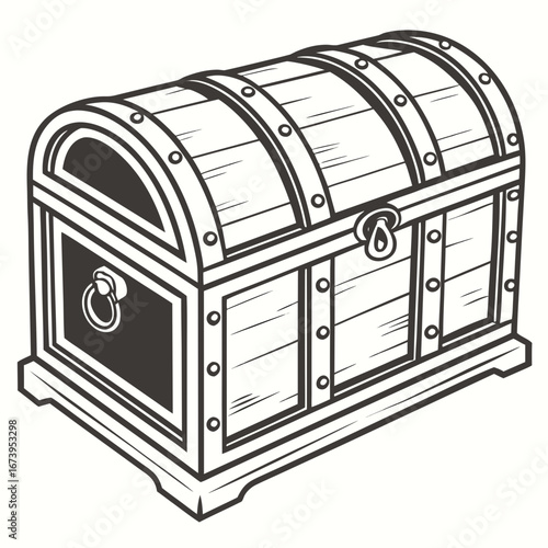 Illustration of a wooden treasure chest, perfect for pirate themes, vintage designs, or antique collections and storage solutions