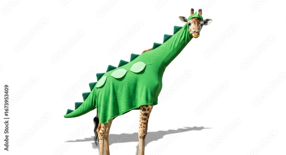 Obraz premium giraffe dressed as a dinosaur, Halloween costume, prehistoric dino costume
