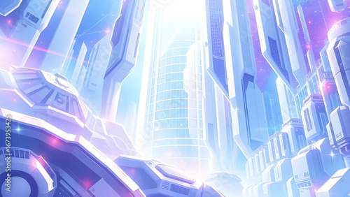 Futuristic cityscape with sleek skyscrapers and neon lights.