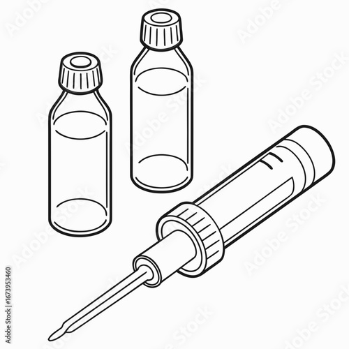 Illustration of medical syringe and medicine bottles, depicting healthcare, treatment, and pharmaceutical concepts in a simple design
