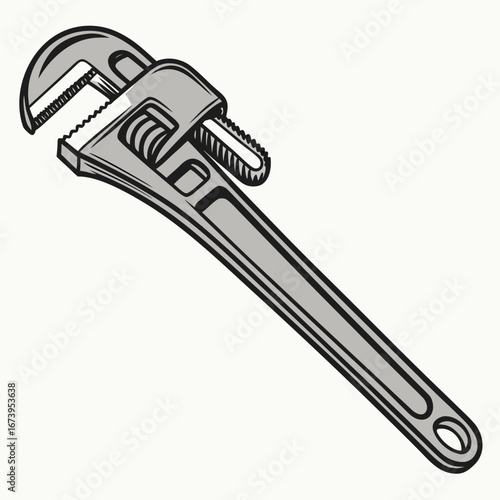Vector art of adjustable pipe wrench, a plumbing tool for repair and construction, with metal grip and teeth for tightening nuts