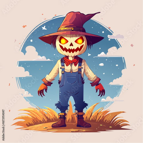 A whimsical cartoon illustration of a friendly scarecrow with a carved pumpkin head, wearing a wide-brimmed hat and tattered clothes, standing in a golden wheat field under a soft sky.