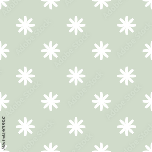 Simple geometric floral ornament. Abstract vector seamless pattern with primitive flower silhouettes. Subtle elegant background. Light green minimal texture. Repeating design for textile, wallpapers