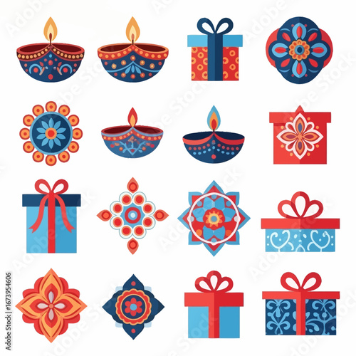 A collection of colorful flat icons for the Diwali festival, including diyas, gift boxes, and rangoli patterns.