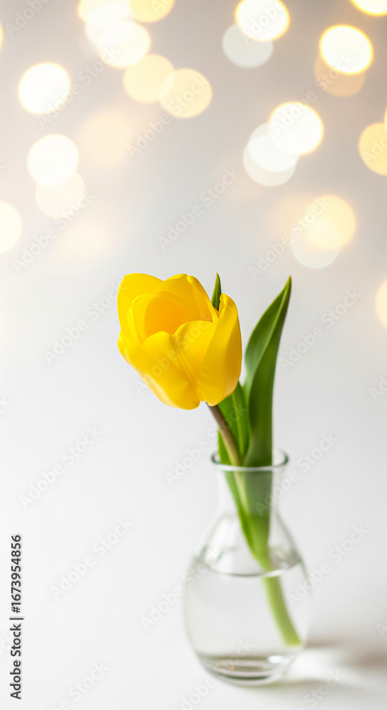 Obraz premium A single yellow tulip in a clear glass vase, with a beautiful display of golden, out-of-focus bokeh lights creating a festive and elegant mood.
