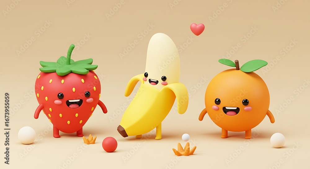 Naklejka premium Three cartoon fruit characters, a strawberry, banana, and orange, stand together with smiling faces and small arms and legs.