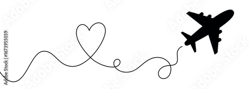 Continuous line drawing of airplane with heart symbol representing love travel romance and freedom. Minimalist one line art concept for aviation journey vacation holiday adventure connection, dreams