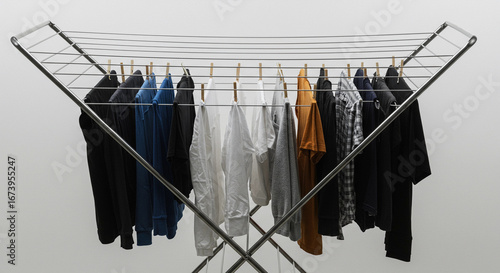 Freshly washed clothes, including various shirts and trousers, air-drying on a modern metal rack against a clean background, symbolizing sustainable domestic living