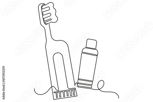 Continuous one line drawing toothbrush and paste isolate abstract minimal clean design