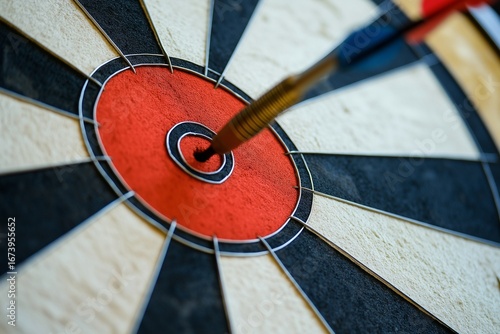 A dart is seen landing perfectly in the bullseye of a dartboard, emphasizing accuracy and skill
