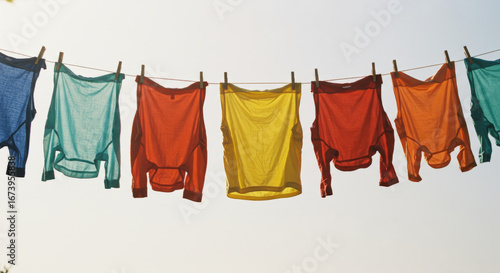 Colorful laundry drying on a clothesline against a bright sky showcasing vibrant hues and clean energy, suggesting freshness and sustainable living
