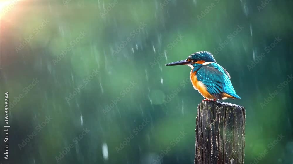 Colorful kingfisher perched on a wooden post in the rain, surrounded by a blurred natural background