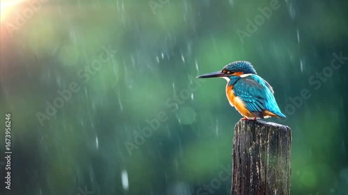 Colorful kingfisher perched on a wooden post in the rain, surrounded by a blurred natural background