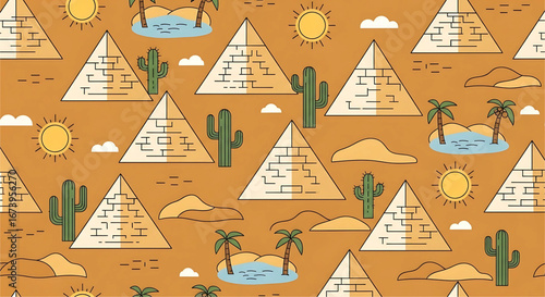 Egyptian pyramids in desert landscape with cactuses sun and small oasis seamless pattern background