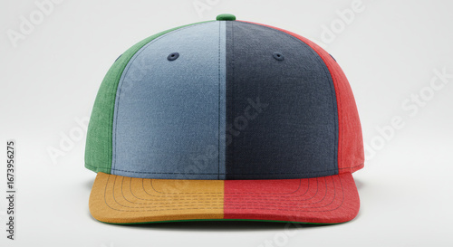 Colorful panel baseball cap with green, blue, black, and red fabric sections on a white backdrop
