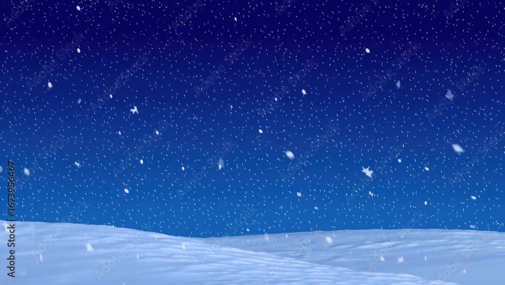 Fototapeta premium Gentle snowfall over serene snow-covered landscape at night