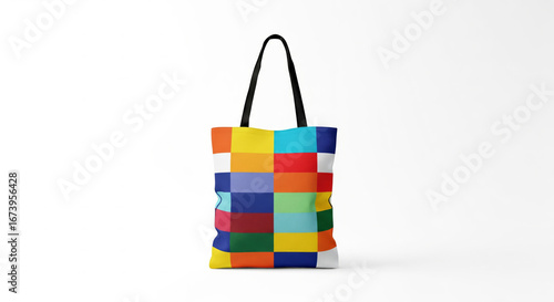 Colorful tote bag featuring a vibrant patchwork design against a clean white background, perfect for showcasing designs