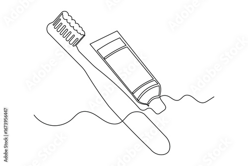 Elegant toothbrush and paste continuous one line drawing isolate simple outline artwork