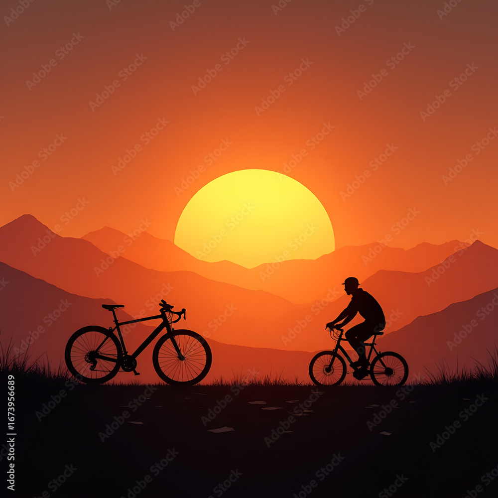 Fototapeta premium Cyclists Silhouetted Against a Mountain Sunset
