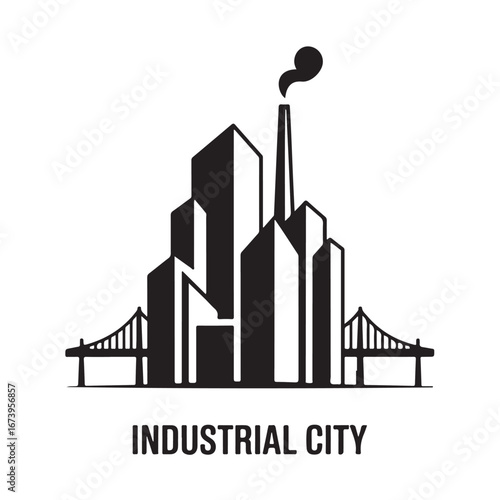 Industrial City Skyline with Bridges and Smokestack Icon