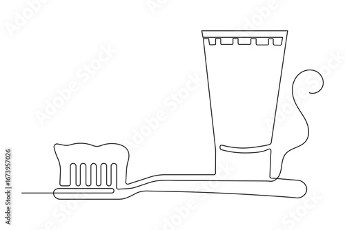 Minimalist toothbrush and paste continuous one line drawing isolate modern clean artwork