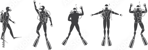 Underwater Scuba Diver Silhouette Set for Design and Illustration