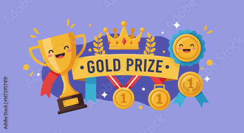 Cartoon Gold Prize Illustration with Trophy, Medals and Crown on Purple