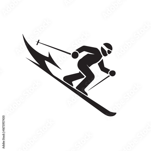 Black and white icon of a skier descending a slope